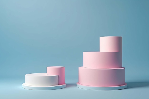 3 step white cylinder podium on pastel studio blue and pink background minimal concept showcase for product 3D render