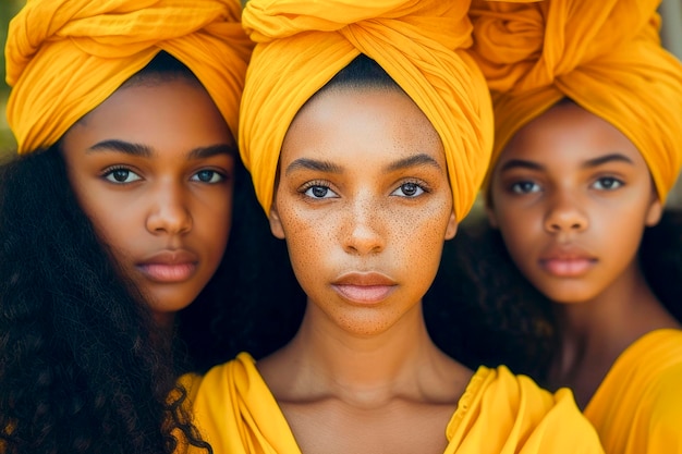 3 stunning and beautiful black women with long hair and bright eyes wearing a yellow ethnic turban dressed in yellow tunic