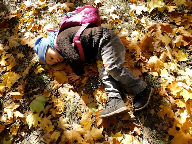 A 3-year-old boy lies on the ground in yellow autumn leaves. Happy childhood.