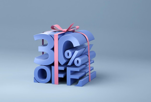 30 persent 3D typography with ribbons gift box 3D render