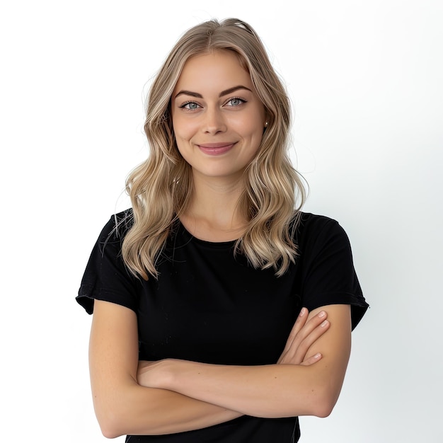 Photo a 30 year old woman is depicted in a fullbody photo with a white background