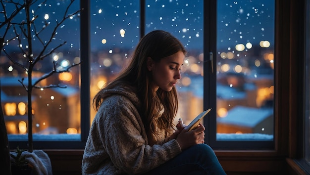 30 years old the girl is wearing cozy clothes the girl is studying by the window