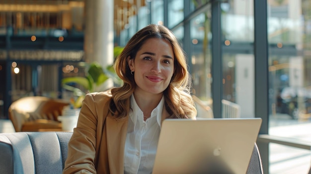 30 years old happy pretty businesswoman from colombia inside a modern office taking an online class