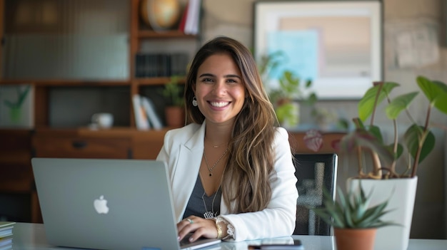 30 years old happy pretty businesswoman from colombia inside a modern office taking an online class