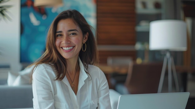 30 years old happy pretty businesswoman from colombia inside a modern office taking an online class