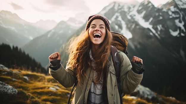 30 years old men dressed like hipster walks on top of Mountains happy smiling strong energy