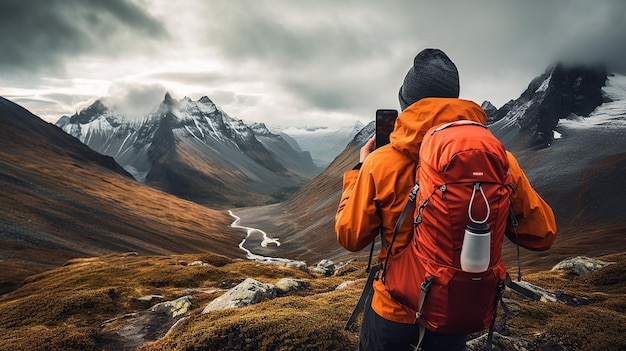 30 years old men dressed like hipster walks on top of Mountains happy smiling strong energy