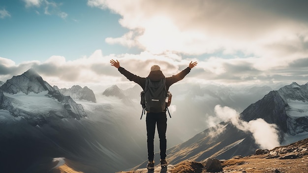 30 years old men dressed like hipster walks on top of Mountains happy smiling strong energy