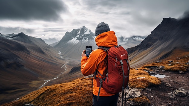 30 years old men dressed like hipster walks on top of Mountains happy smiling strong energy