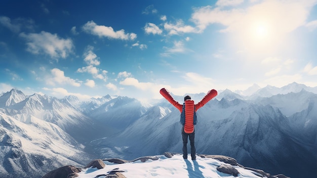 30 years old men dressed like hipster walks on top of Mountains happy smiling strong energy