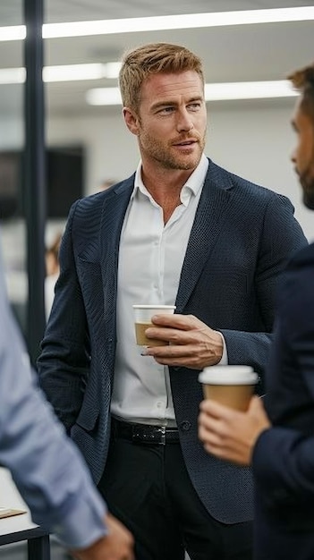 Photo 30 years old smart boss office man hold a cup of coffee wearing suit talk with other man stand