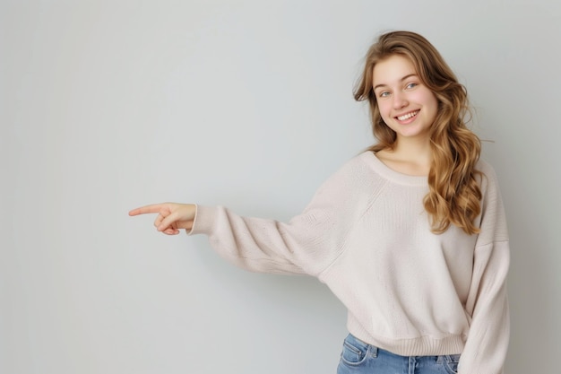 Photo 30s woman with introduce gesture