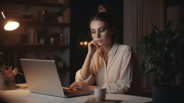 A 30s woman working joyfully on her laptop at a warmtoned home office table generative AI AIG21