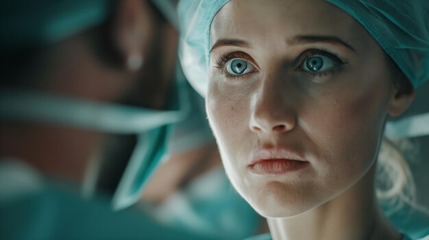 A 30yearsold nurse looking at her male colleague whilst they are working in an operation room