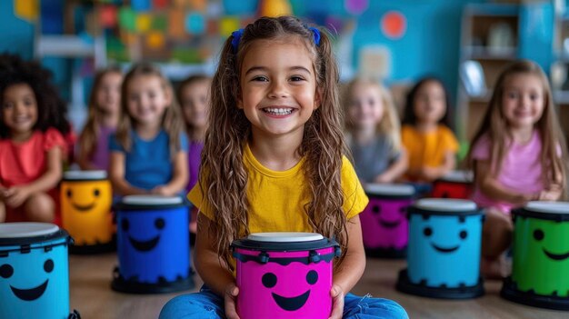 320 Diverse group of children in multicultural music class