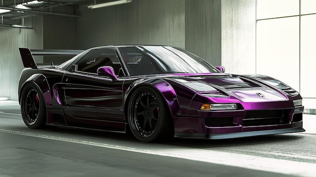 34 front picture of a racing widebody deep purple 1993 Honda NSX with black wheels with LED amber