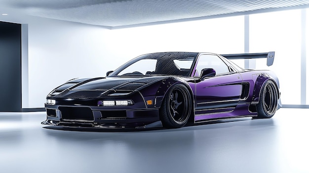 34 front picture of a racing widebody deep purple 1993 Honda NSX with black wheels with LED amber