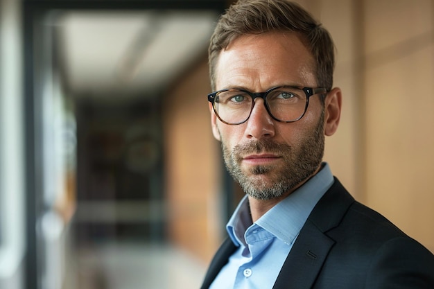 35 year old business man profile picture with glasses in a office