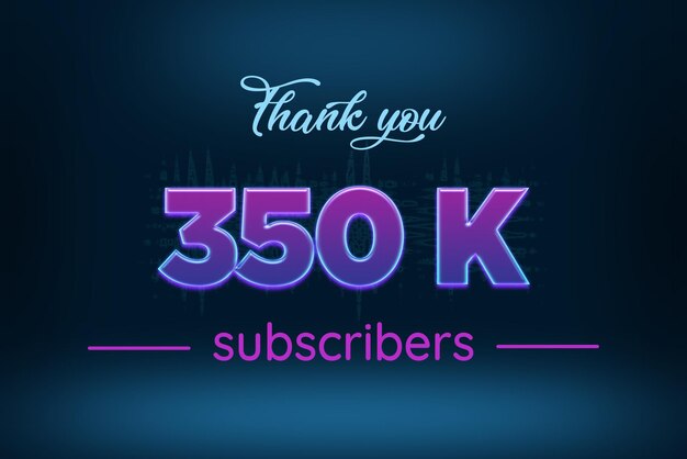 350 K subscribers celebration greeting banner with purple glowing design