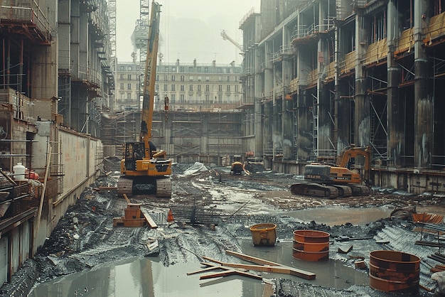 35mm Film Still of Construction Site in Paris Panaflex Muted Colors Grading Desaturated Tones