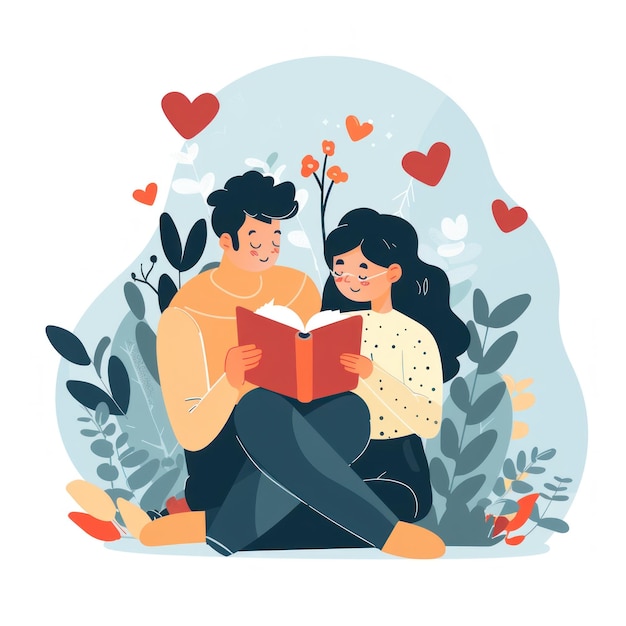 36 Love story book couple reading together flat design illustration