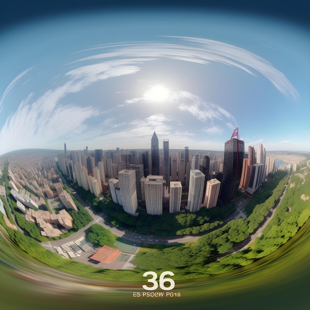 Photo 360 degree spherical panorama of modern city with skyscrapers and roads