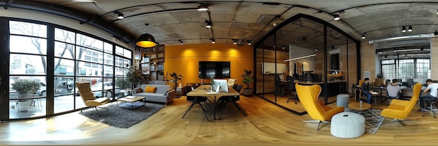 A 360 degree view of a living room and conference room in a modern office