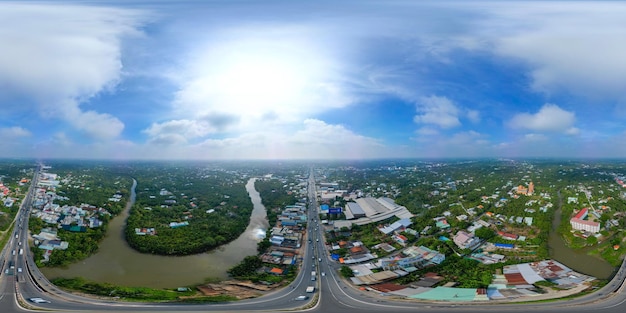 360 Panorama of Bucolic Tien Giang Province Fields with Stunning Views of Cityscape and River in Vietnam