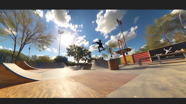 Photo 360degree view of skate park capturing various skateboarding tricks and equipment