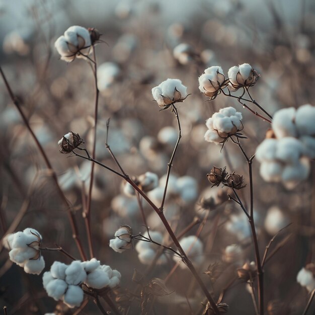 Photo 3closeup image of cotton plants with fluffy white bolls brown stems and branches soft focus background in muted earth tones natural textures of an agricultural field focus on organic farming