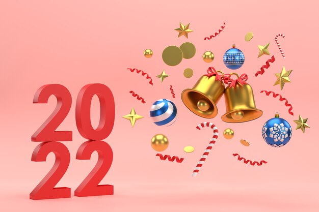 3D. 2022 festive celebrations for new year and christmas party christmas balls ribbons, gift boxes.