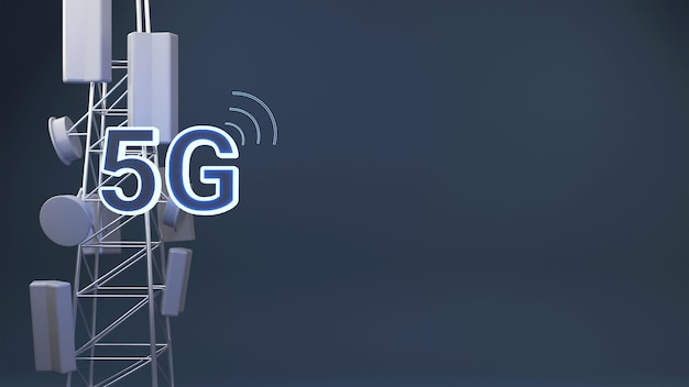 3D 5G Network Signal Tower Against Blue Background