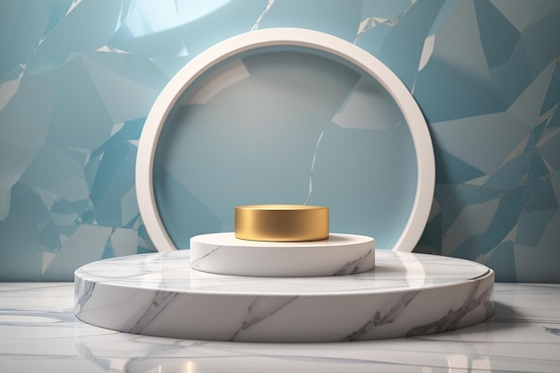 3d abstract background with marble pedestal Round frosted glass frame with plumber's sheets Minimalistic realistic image of an empty podium to showcase cosmetics products