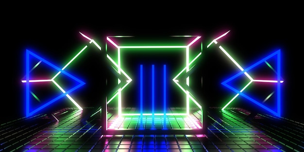 3D abstract background with neon lights neon cubes space construction 3d illustration3