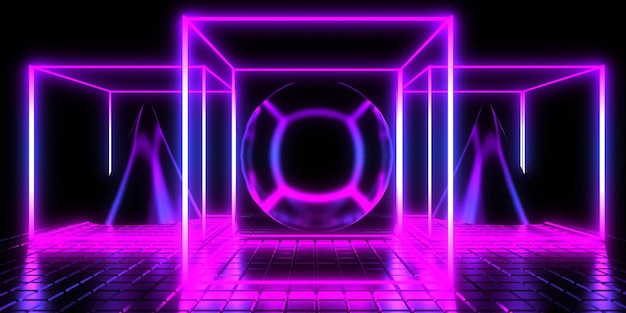 3D abstract background with neon lights neon cubes space construction 3d illustration