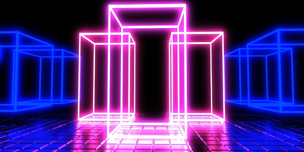 3D abstract background with neon lights neon cubes space construction 3d illustration