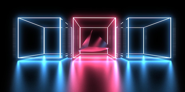 3D abstract background with neon lights neon cubes space construction 3d illustration