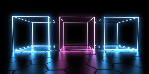 3D abstract background with neon lights neon cubes space construction 3d illustration