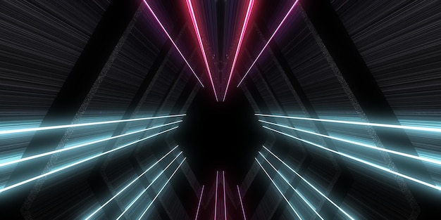 3D abstract background with neon lights neon tunnel space construction 3d illustration3