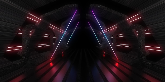 3D abstract background with neon lights neon tunnel space construction  3d illustration