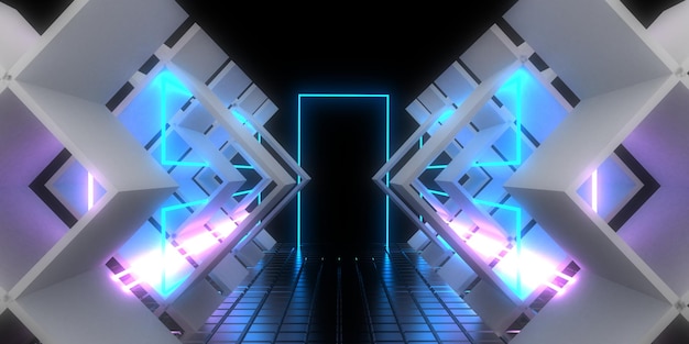 3D abstract background with neon lights neon tunnel  space construction  3d illustration