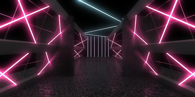 3D abstract background with neon lights neon tunnel space construction 3d illustration