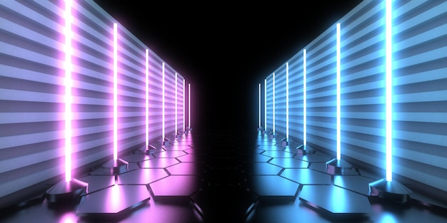 3D abstract background with neon lights neon tunnel space construction 3d illustration