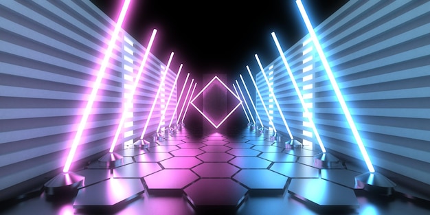 3D abstract background with neon lights neon tunnel space construction 3d illustration