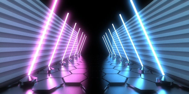 3D abstract background with neon lights neon tunnel space construction 3d illustration