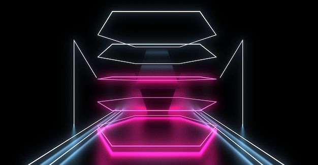 3D abstract background with neon lights neon tunnel space construction 3d illustration