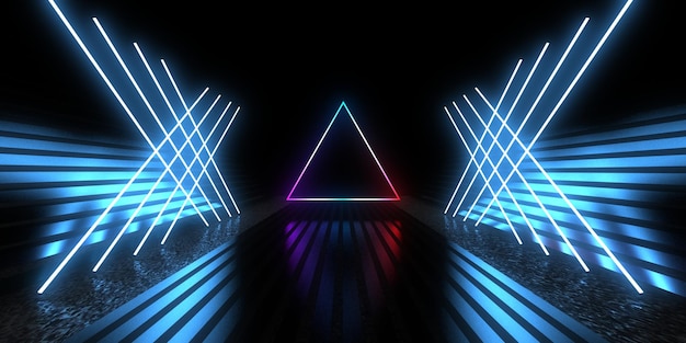 3D abstract background with neon lights neon tunnel space construction 3d illustration