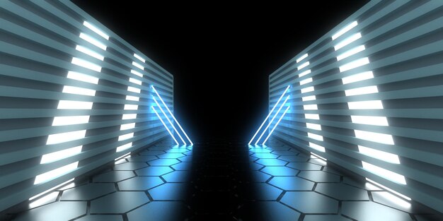 3D abstract background with neon lights neon tunnel space construction 3d illustration