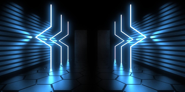 3D abstract background with neon lights neon tunnel space construction 3d illustration