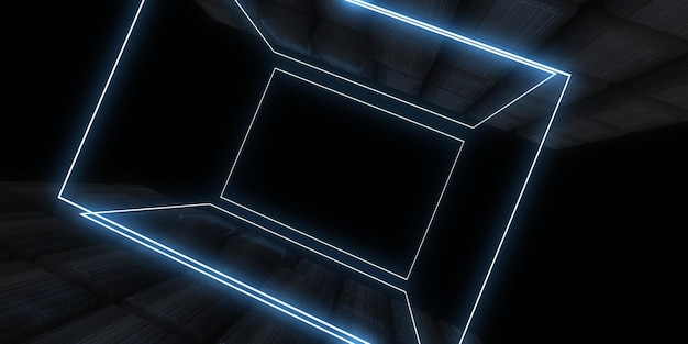 3D abstract background with neon lights neon tunnel space construction 3d illustration